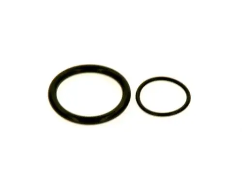 Zwei O-Ringe in unterschiedlichen Größen, erkennbar an der schwarzen Farbe, ideal für Dichtungen, hergestellt von Bosch.